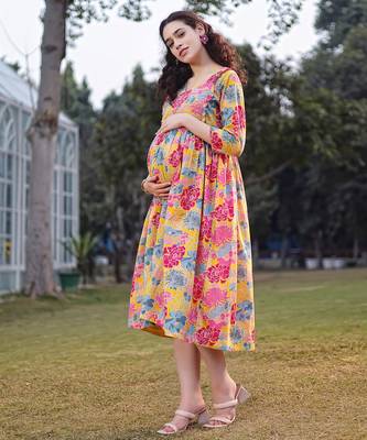  mustard cotton floral print gathered or pleated materinty dress 2