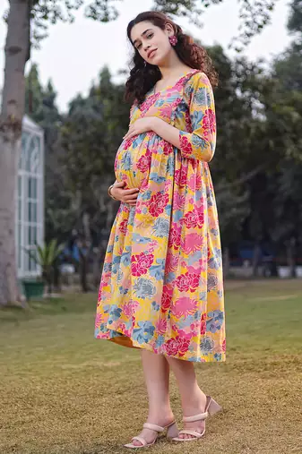  mustard cotton floral print gathered or pleated materinty dress