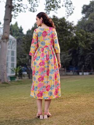 mustard cotton floral print gathered or pleated materinty dress 3