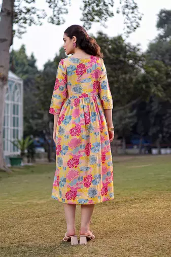  mustard cotton floral print gathered or pleated materinty dress