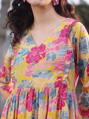  mustard cotton floral print gathered or pleated materinty dress 4