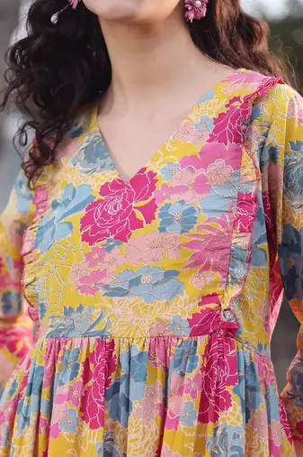  mustard cotton floral print gathered or pleated materinty dress