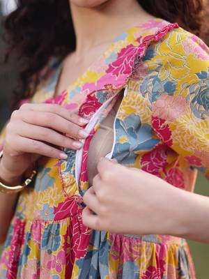 mustard cotton floral print gathered or pleated materinty dress 5