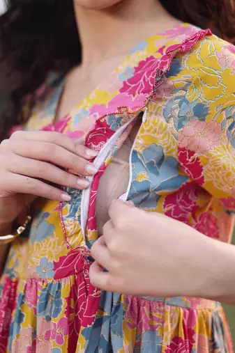  mustard cotton floral print gathered or pleated materinty dress