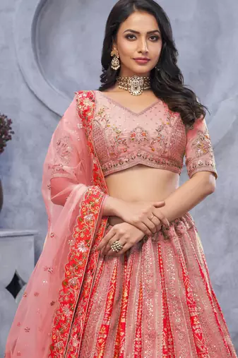 peach embroidered art_silk lehenga choli With Dupatta