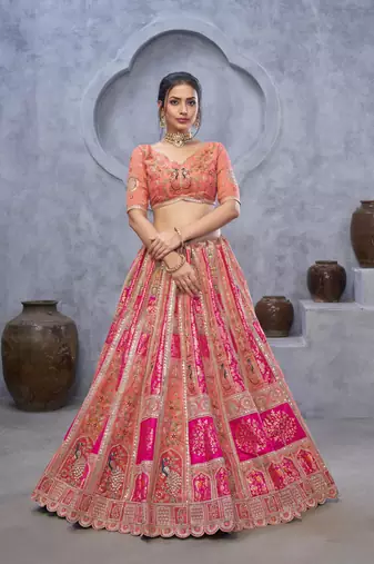 peach embroidered art_silk lehenga choli With Dupatta