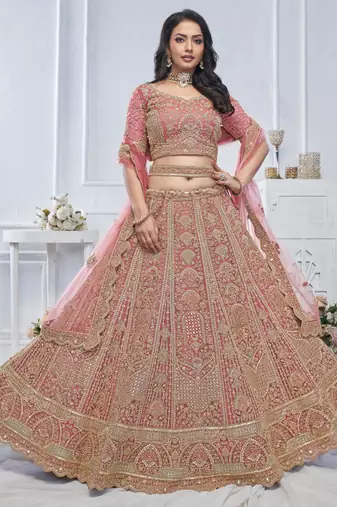 onion pink embroidered net lehenga choli With Dupatta