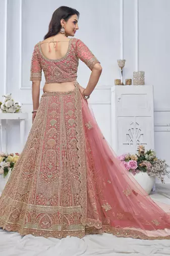 onion pink embroidered net lehenga choli With Dupatta