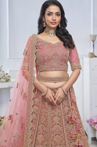 onion pink embroidered net lehenga choli With Dupatta