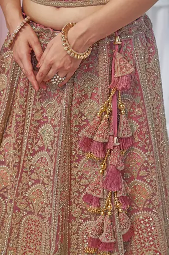 onion pink embroidered net lehenga choli With Dupatta