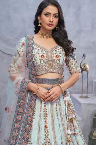 light sky blue embroidered art_silk lehenga choli With Dupatta