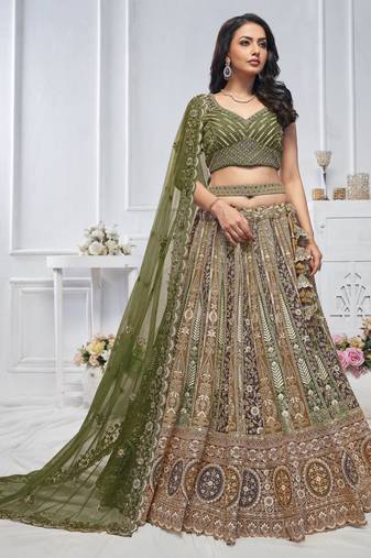 green embroidered net lehenga choli With Dupatta