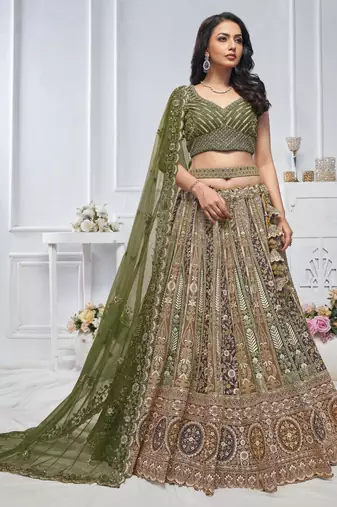 green embroidered net lehenga choli With Dupatta