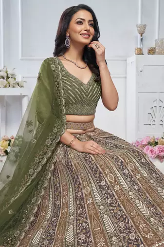 green embroidered net lehenga choli With Dupatta