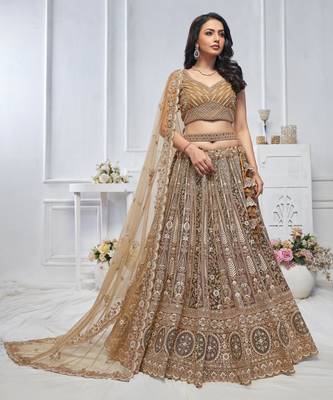 brown embroidered net lehenga choli With Dupatta 1