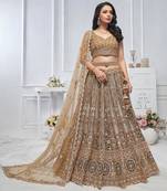brown embroidered net lehenga choli With Dupatta