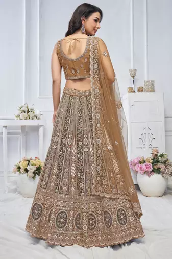 brown embroidered net lehenga choli With Dupatta