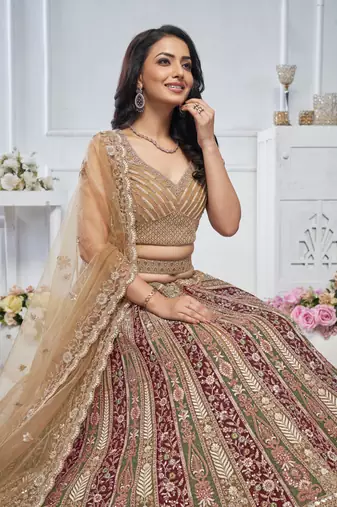 golden embroidered net lehenga choli With Dupatta