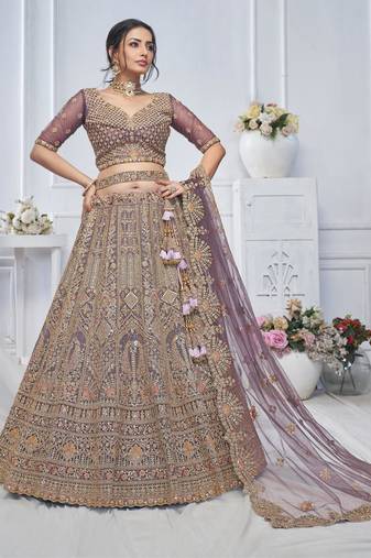 light mauve embroidered net lehenga choli With Dupatta