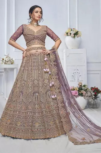 light mauve embroidered net lehenga choli With Dupatta