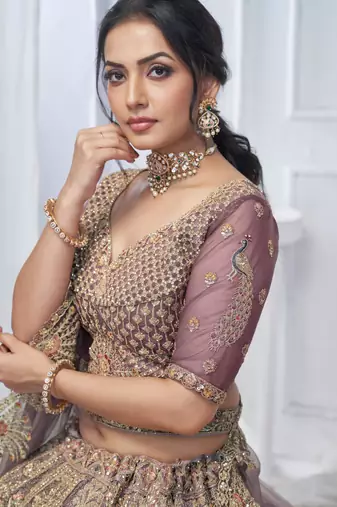 light mauve embroidered net lehenga choli With Dupatta