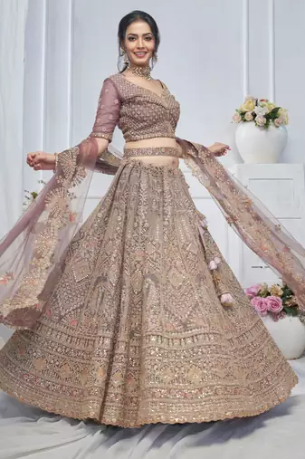 light mauve embroidered net lehenga choli With Dupatta