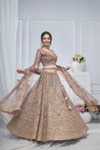 light mauve embroidered net lehenga choli With Dupatta
