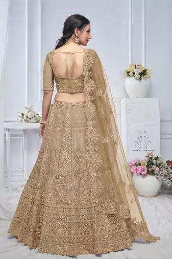 golden embroidered net lehenga choli With Dupatta