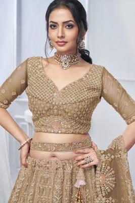 golden embroidered net lehenga choli With Dupatta 4