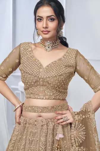 golden embroidered net lehenga choli With Dupatta