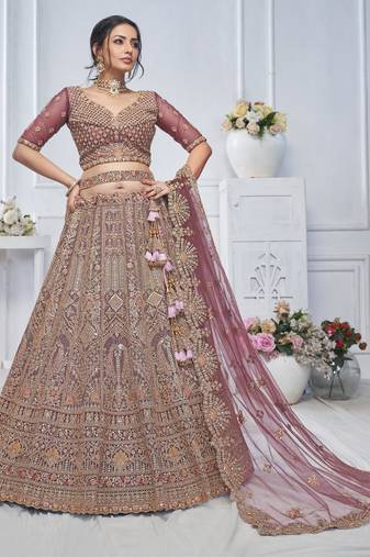 onion pink embroidered net lehenga choli With Dupatta