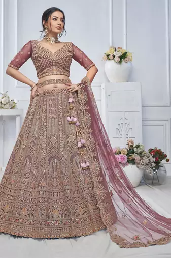 onion pink embroidered net lehenga choli With Dupatta