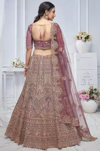 onion pink embroidered net lehenga choli With Dupatta