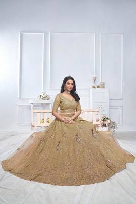 golden embroidered net lehenga choli With Dupatta 3