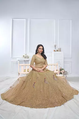 golden embroidered net lehenga choli With Dupatta