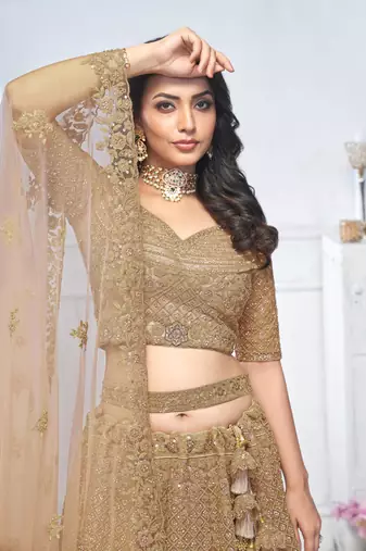 golden embroidered net lehenga choli With Dupatta