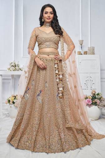 beige embroidered net lehenga choli With Dupatta