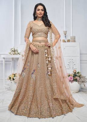 beige embroidered net lehenga choli With Dupatta 2