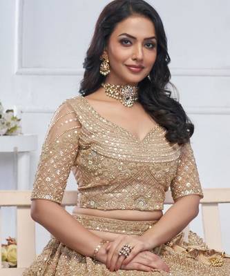 beige embroidered net lehenga choli With Dupatta 3