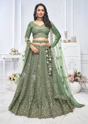 green embroidered net lehenga choli With Dupatta 1