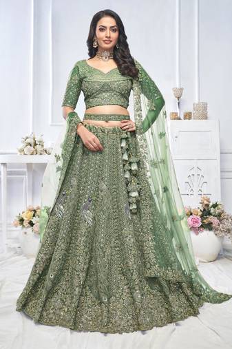 green embroidered net lehenga choli With Dupatta