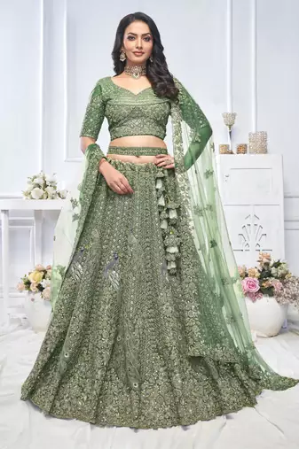 green embroidered net lehenga choli With Dupatta