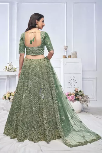 green embroidered net lehenga choli With Dupatta