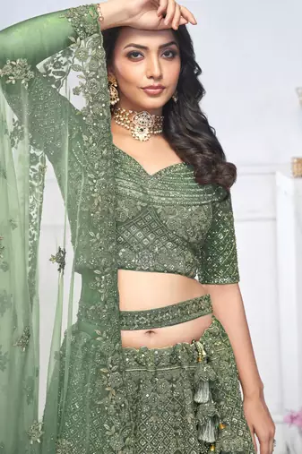 green embroidered net lehenga choli With Dupatta