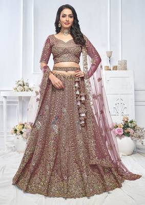 purple embroidered net lehenga choli With Dupatta 1