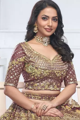 purple embroidered net lehenga choli With Dupatta