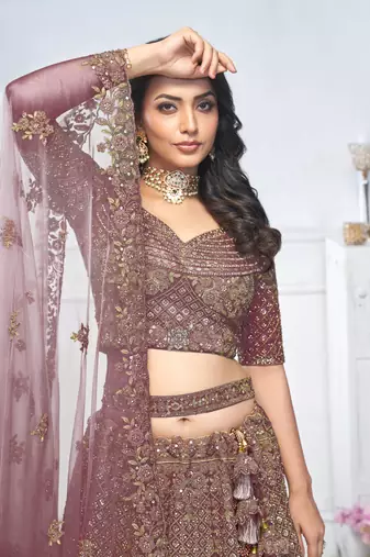 purple embroidered net lehenga choli With Dupatta