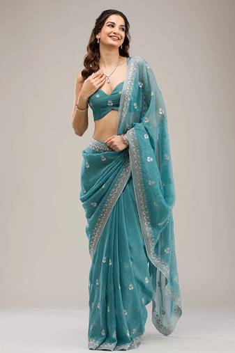 Sky color crunchy chiffon embroidered work saree