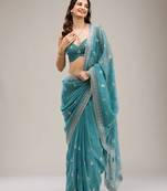 Sky color crunchy chiffon embroidered work saree