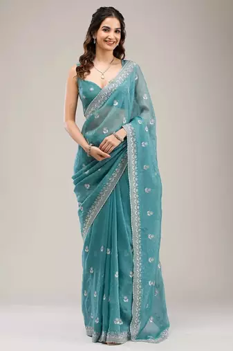 Sky color crunchy chiffon embroidered work saree